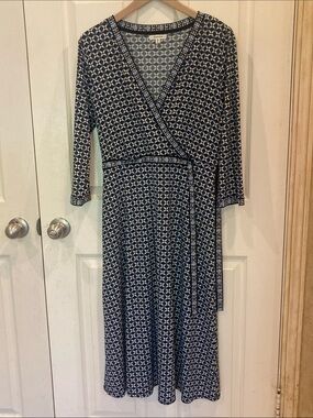 Max Studio Navy and White Geometric Wrap Midi Dress
